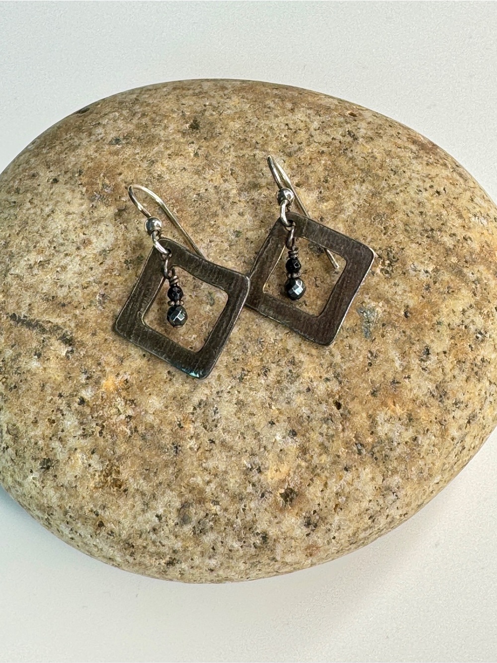 Silver Geometric Square Drop Earrings with Black Bead Accents